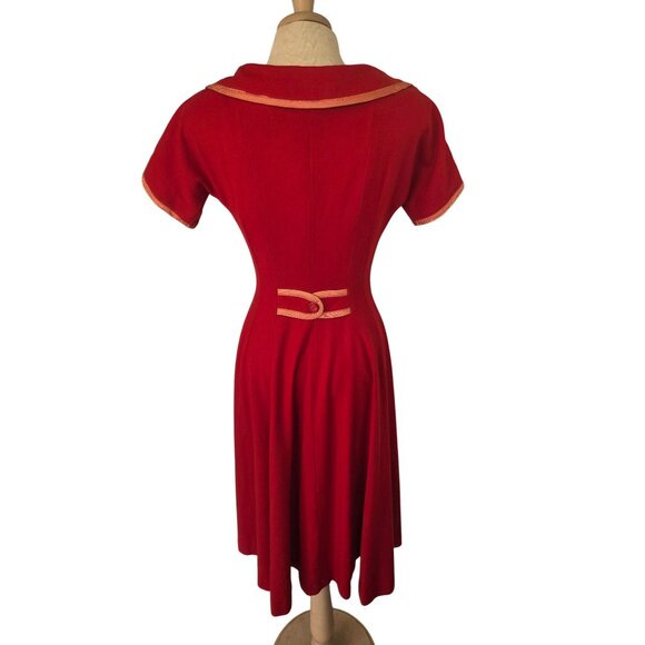 Vintage 50s Joan Miller Juniors Red Wool Dress Sz S Button Front Peach Trim - Picture 2 of 7